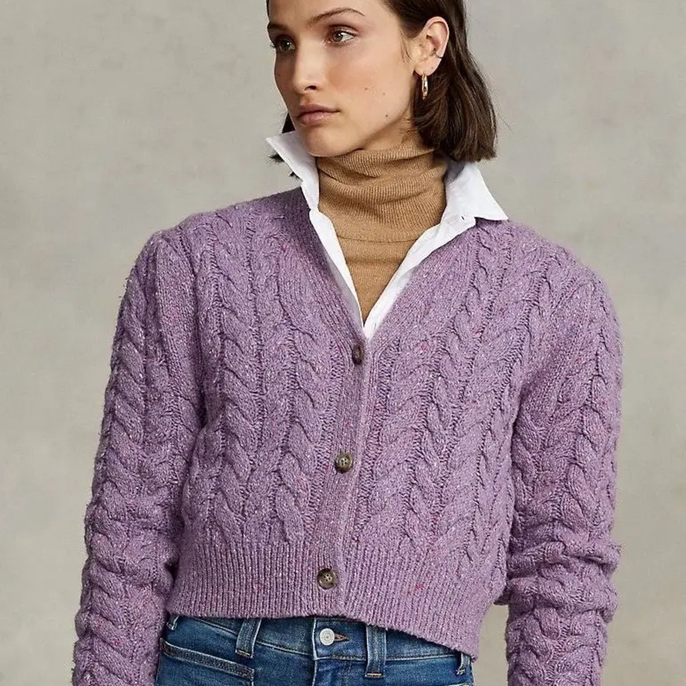 POLO Ralph Lauren Preppy Cable Knit Wool Lilac Cropped Cardigan Sweater Small